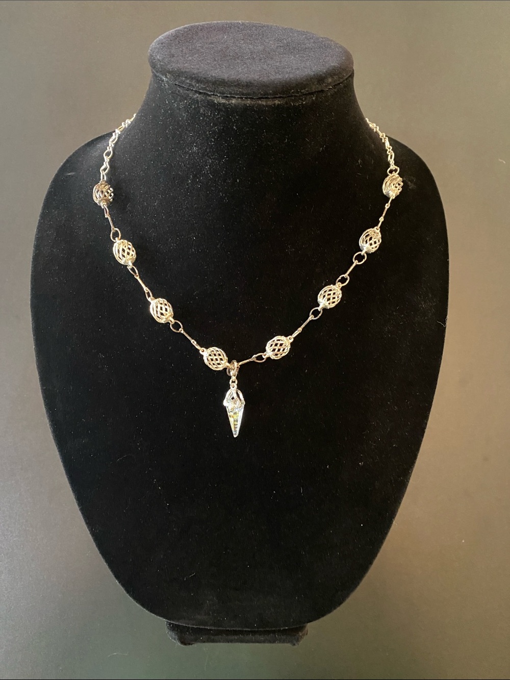 Source Unknown Silver Filigree Bead Necklace with Crystal Spike